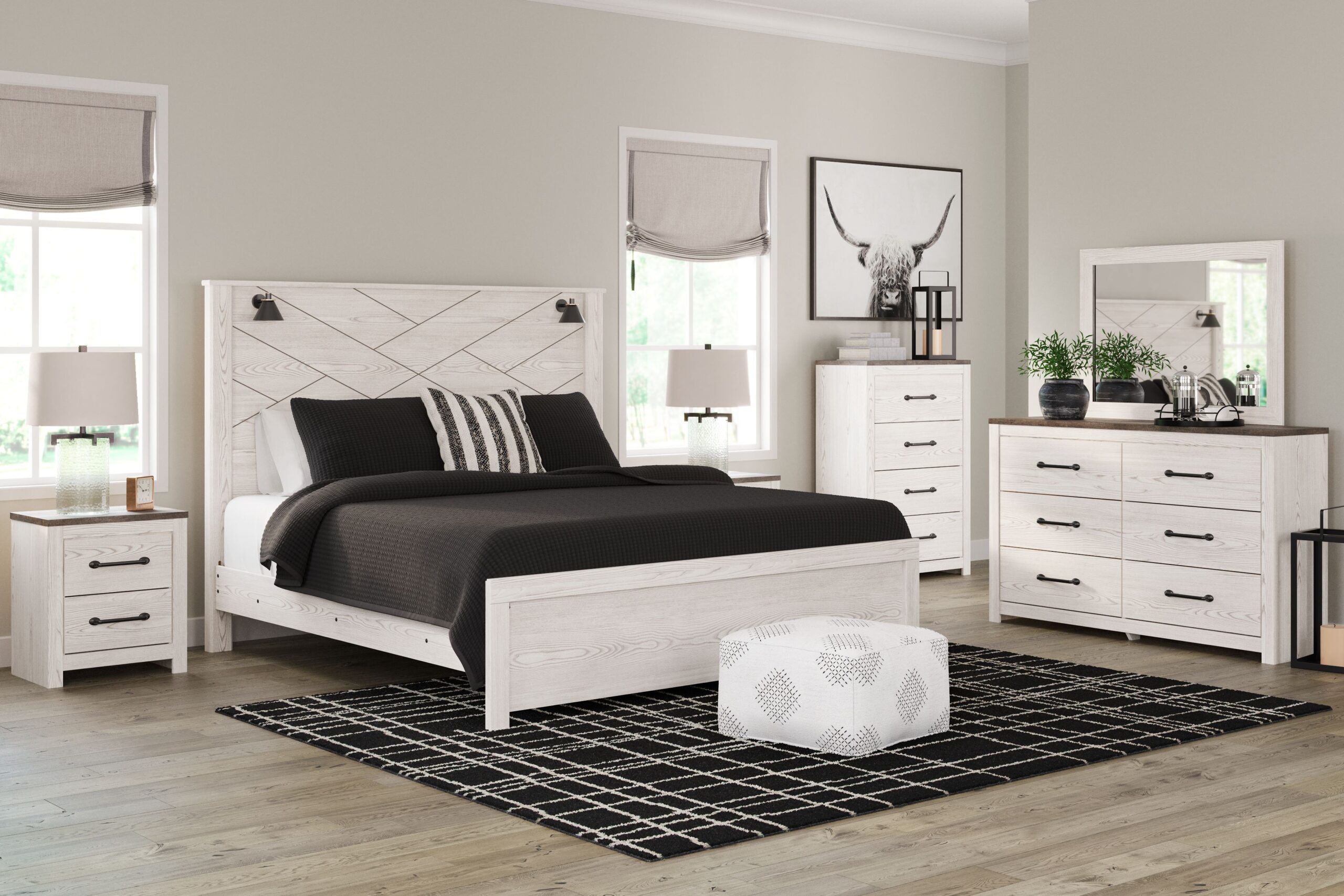Gerridan - 7 Pc. - Dresser, Mirror, King Panel Bed with Sconces, 2 Nightstands - White
