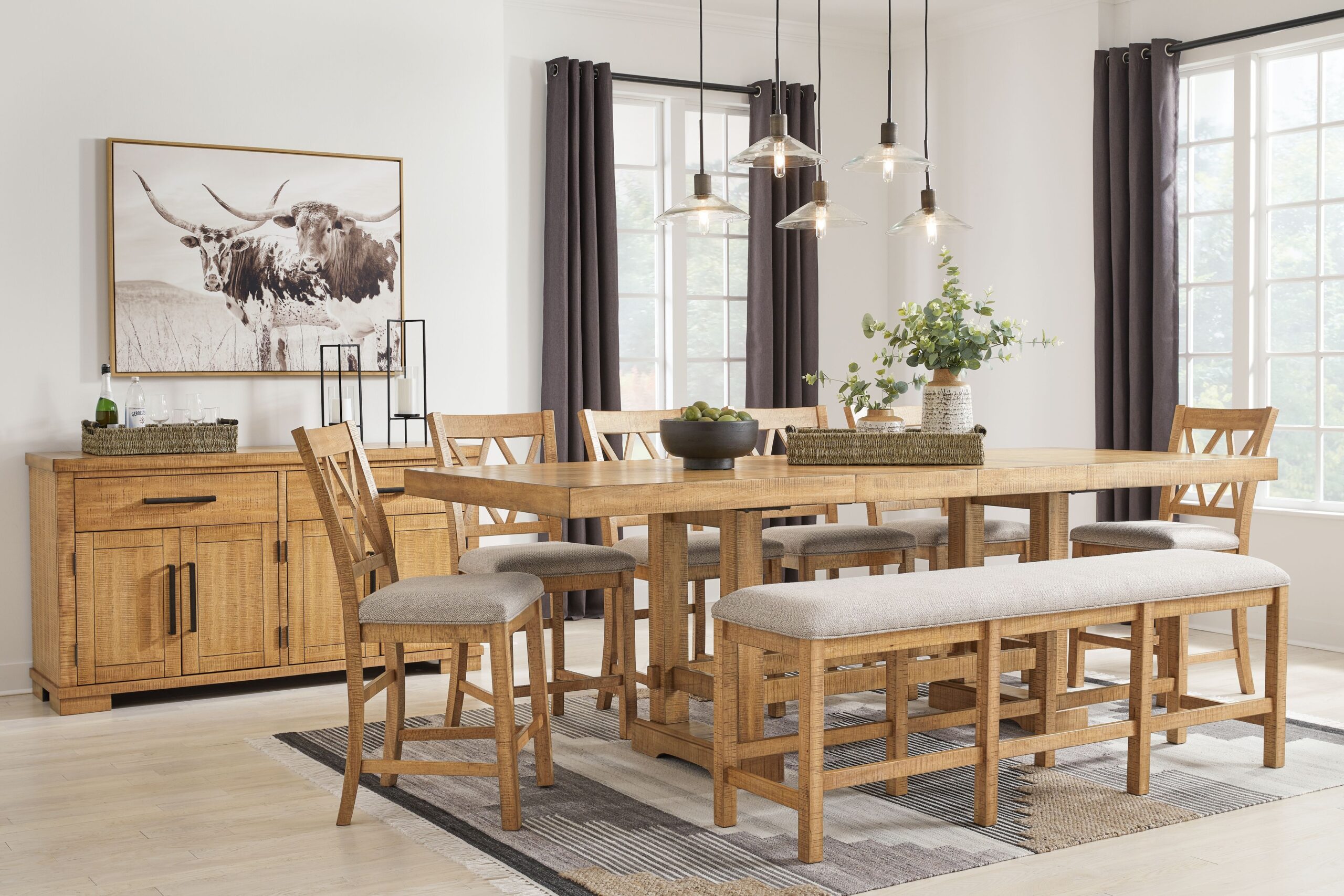 Havonplane - 9 Pc. - Counter Extension Table, 6 Upholstered Barstools, Bench, Server - Brown
