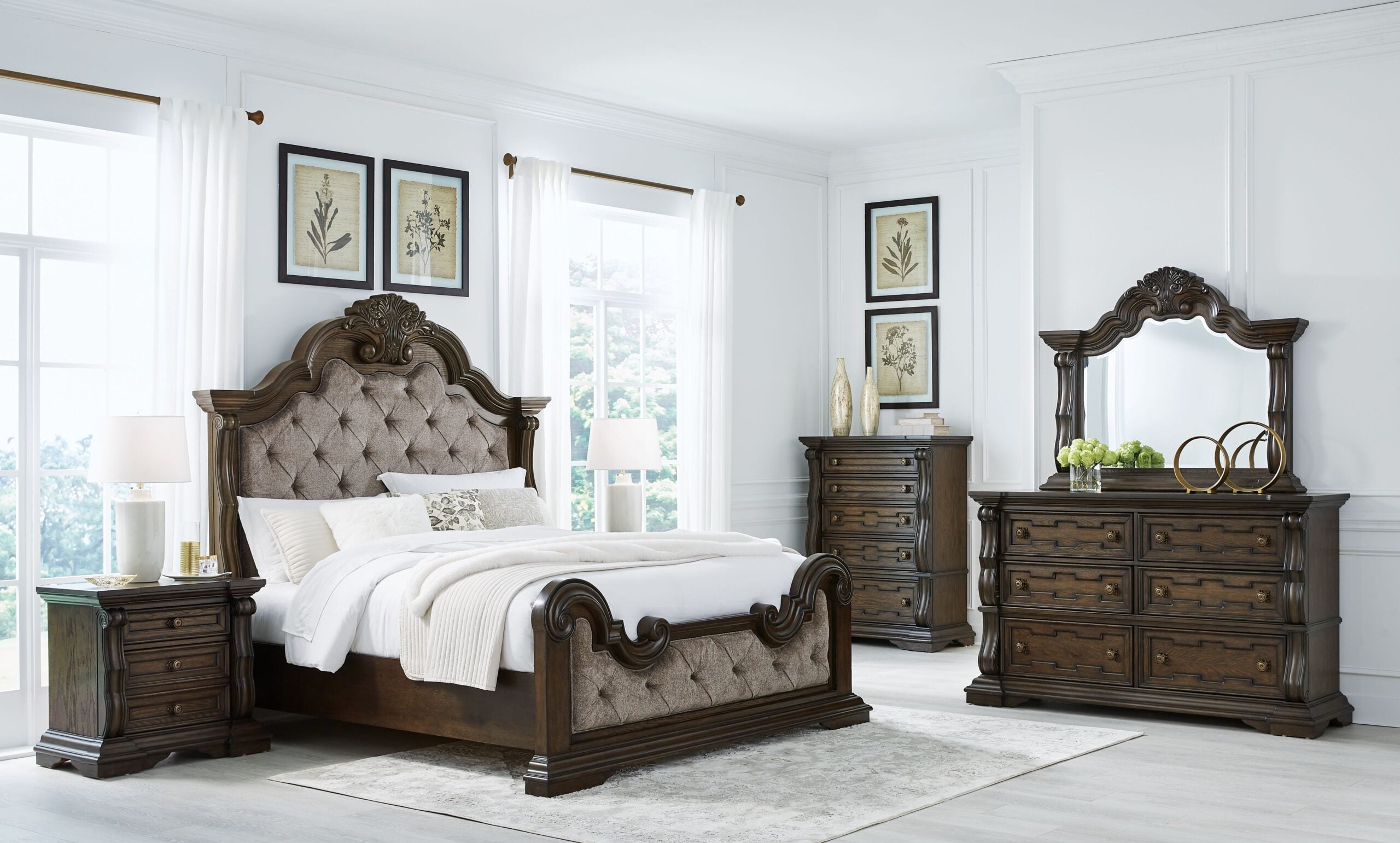 Maylee - 7 Pc. - Dresser, Mirror, King Upholstered Bed, 2 Nightstands - Dark Brown