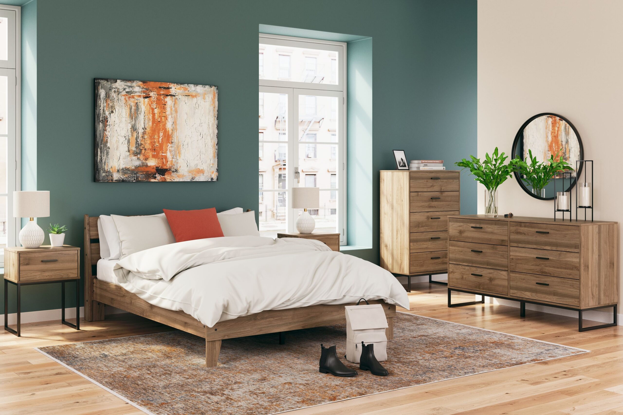 Deanlow - 3 Pc. - Dresser, Queen Platform Panel Bed - Honey