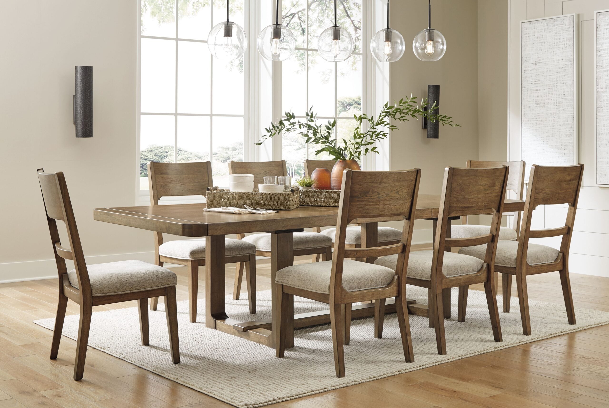 Cabalynn - 9 Pc. - Dining Room Table, 8 Side Chairs - Oatmeal / Light Brown