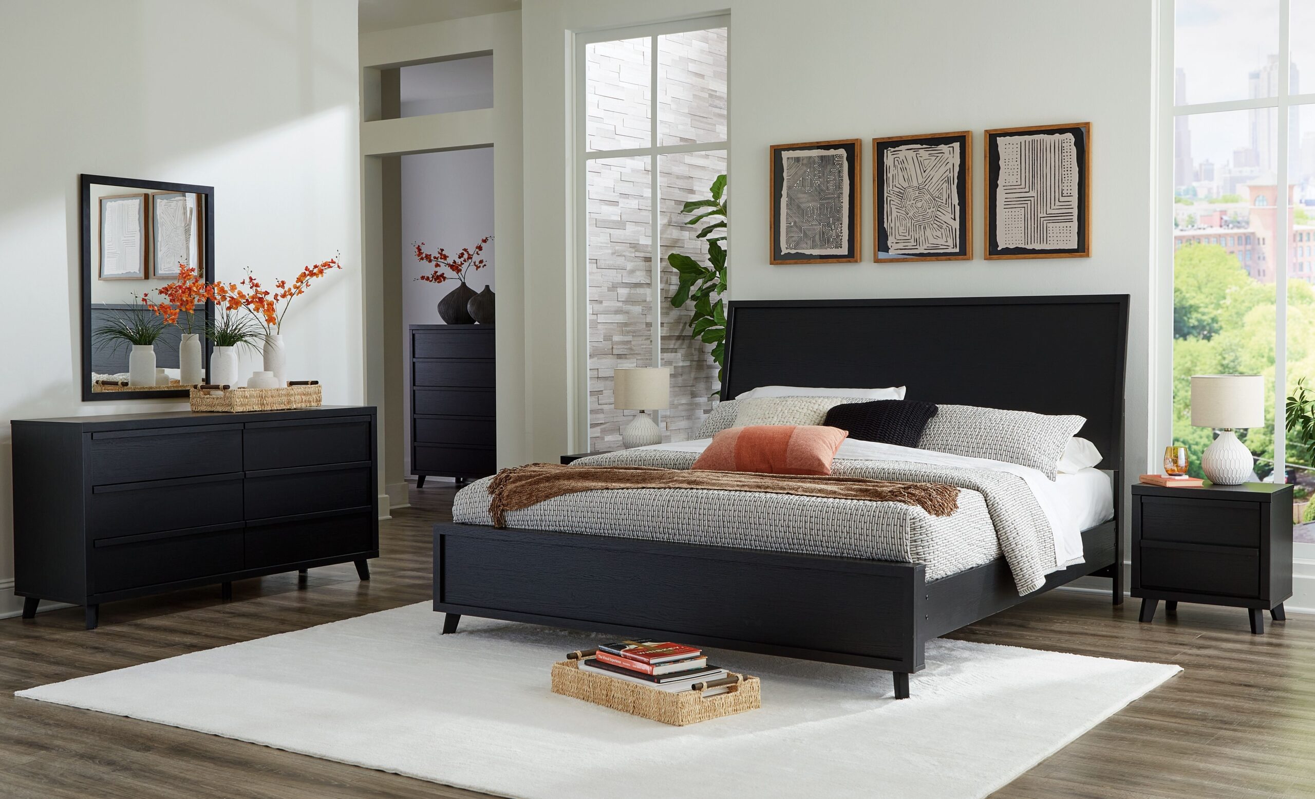 Danziar - 8 Pc. - Dresser, Mirror, King Panel Bed, 2 Nightstands - Black