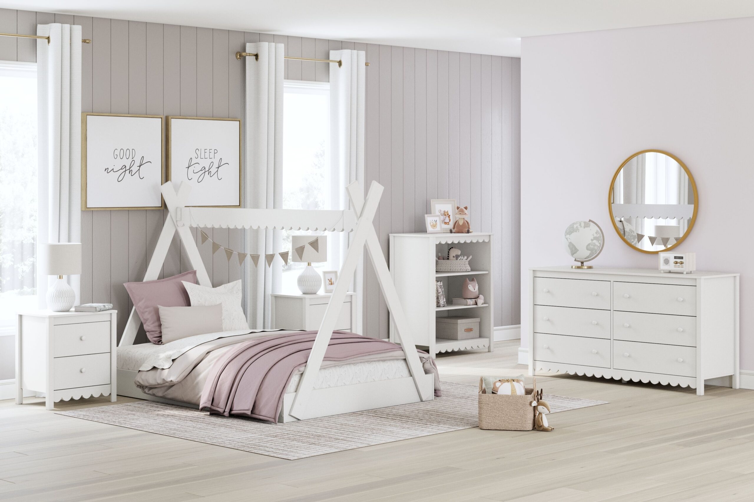 Hallityn - 5 Pc. - Bookcase, Dresser, Full Tent Complete Bed, 2 Nightstands - White
