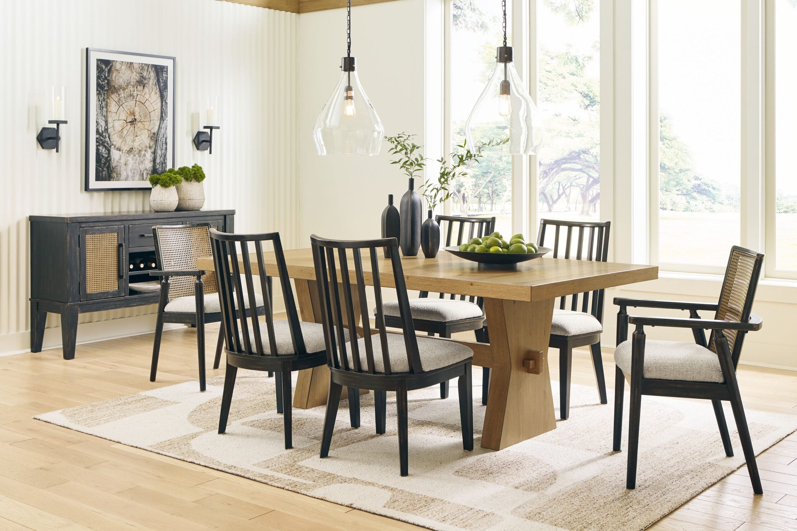 Galliden - 8 Pc. - Rectangular Dining Table, 4 Side Chairs, 2 Arm Chairs, Server - Light Brown / Black