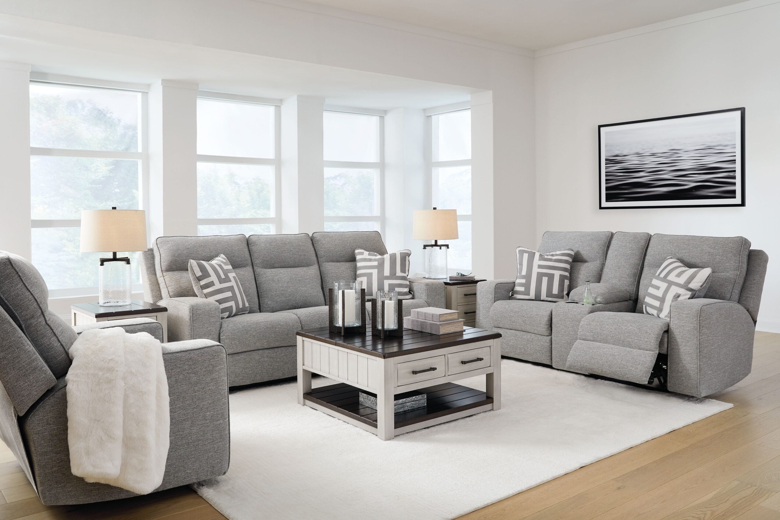 Biscoe - 3 Pc. - Power Reclining Sofa, Power Reclining Loveseat, Power Recliner - Pewter