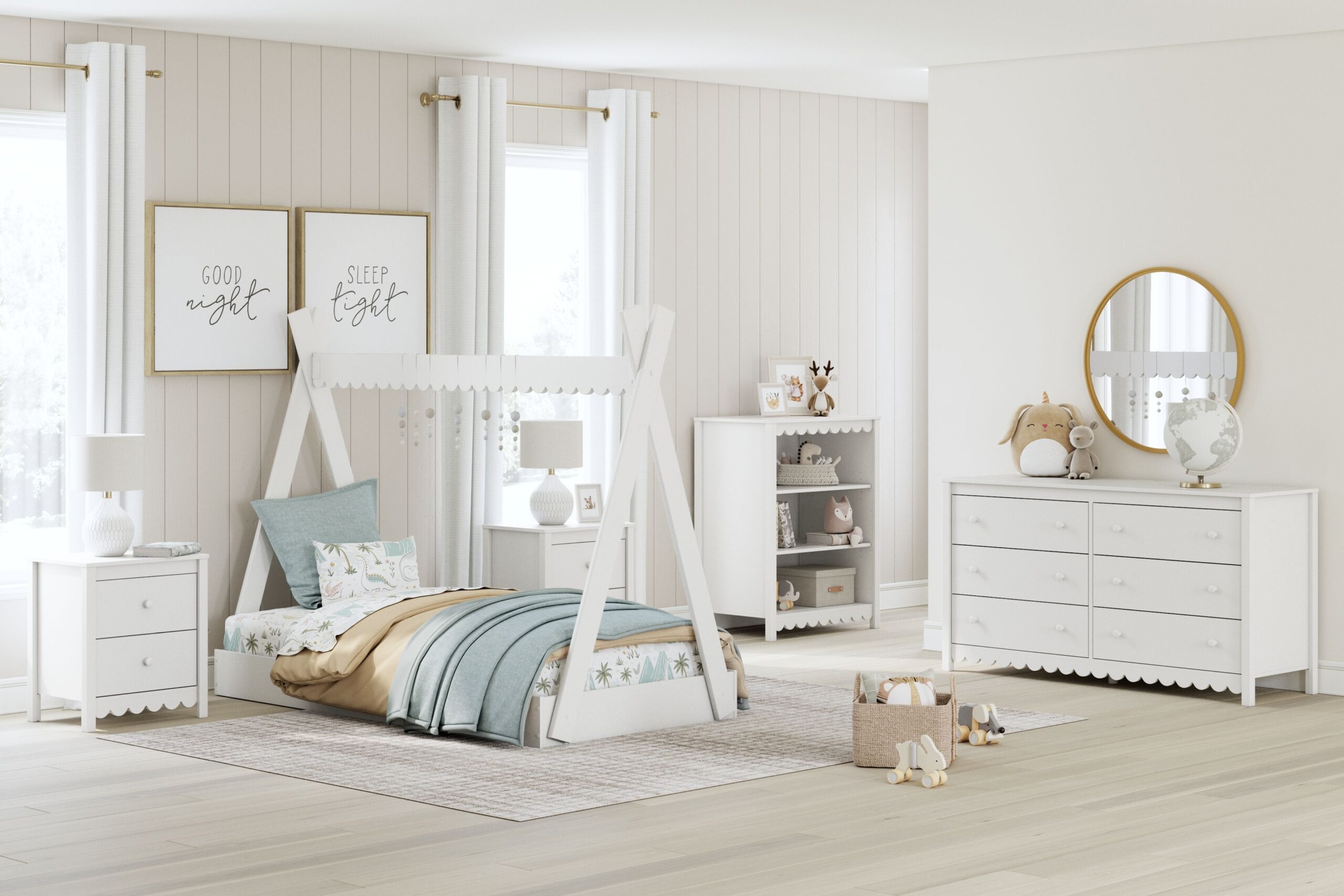 Hallityn - 5 Pc. - Bookcase, Dresser, Twin Tent Complete Bed, 2 Nightstands - White
