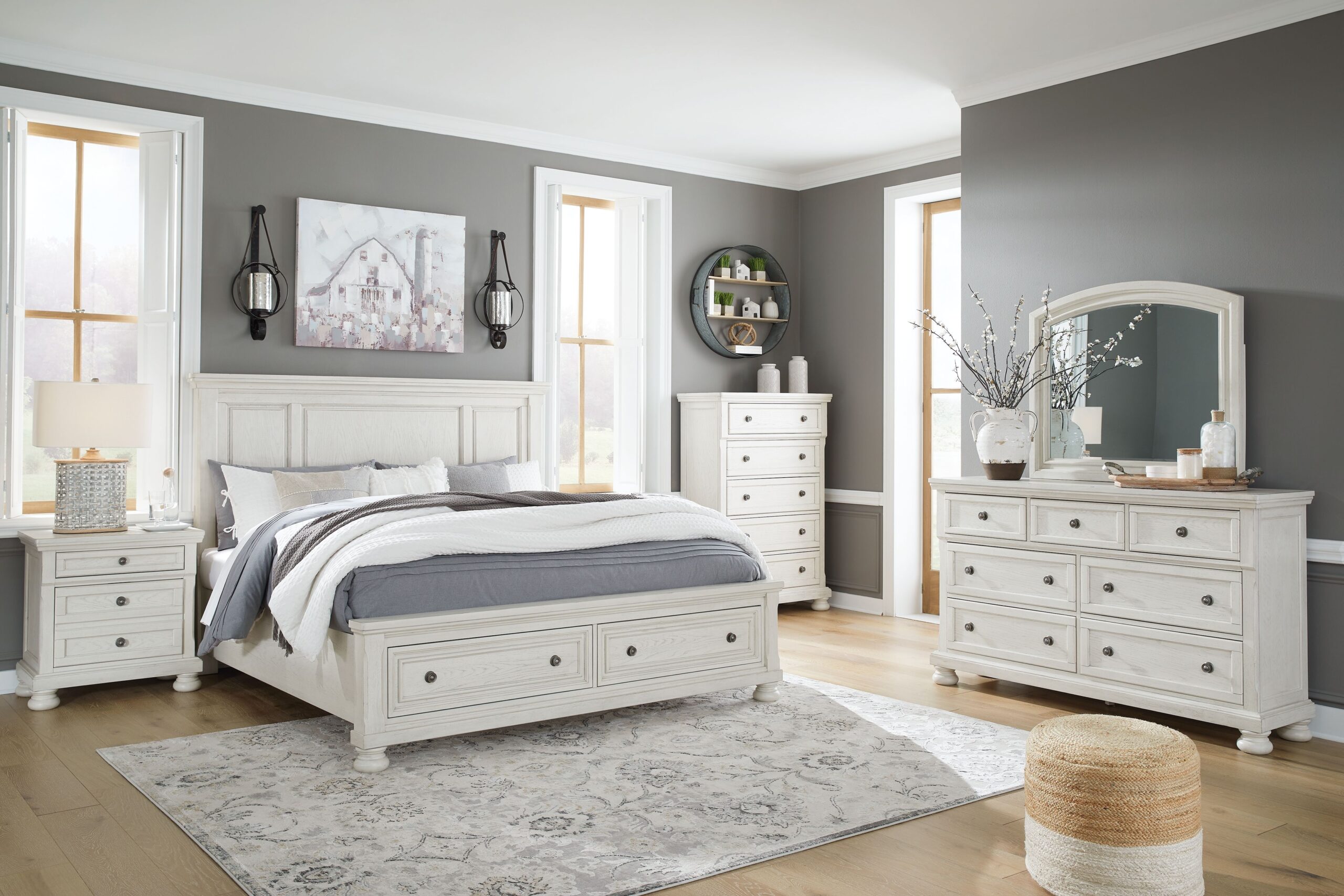 Robbinsdale - 6 Pc. - Dresser, Mirror, Chest, Queen Panel Storage Bed - Antique White