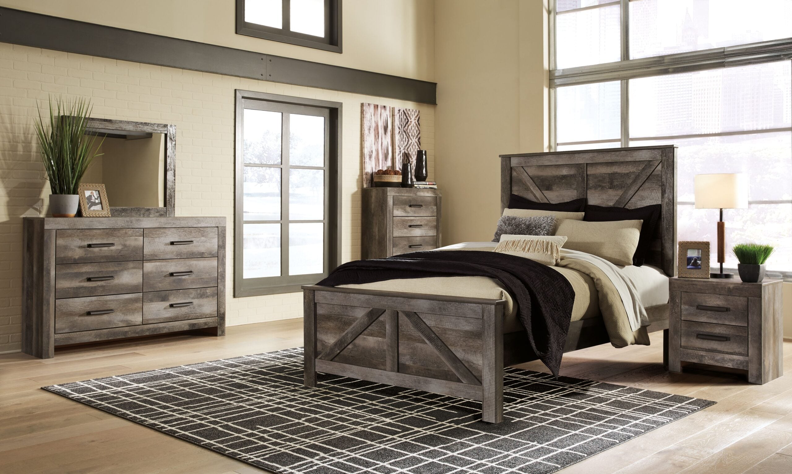 f4fcb4aa08fc678aa98bad10ccd8a14a Wynnlow - 5 Pc. - Dresser, Mirror, Queen Crossbuck Panel Bed, 2 Nightstands - Gray - Image 1